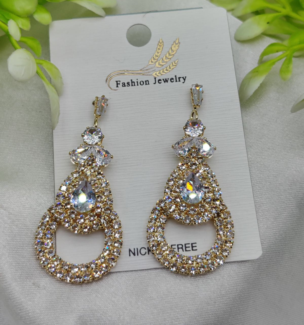 Imported Glamorous Crystal-Studded Teardrop Earrings