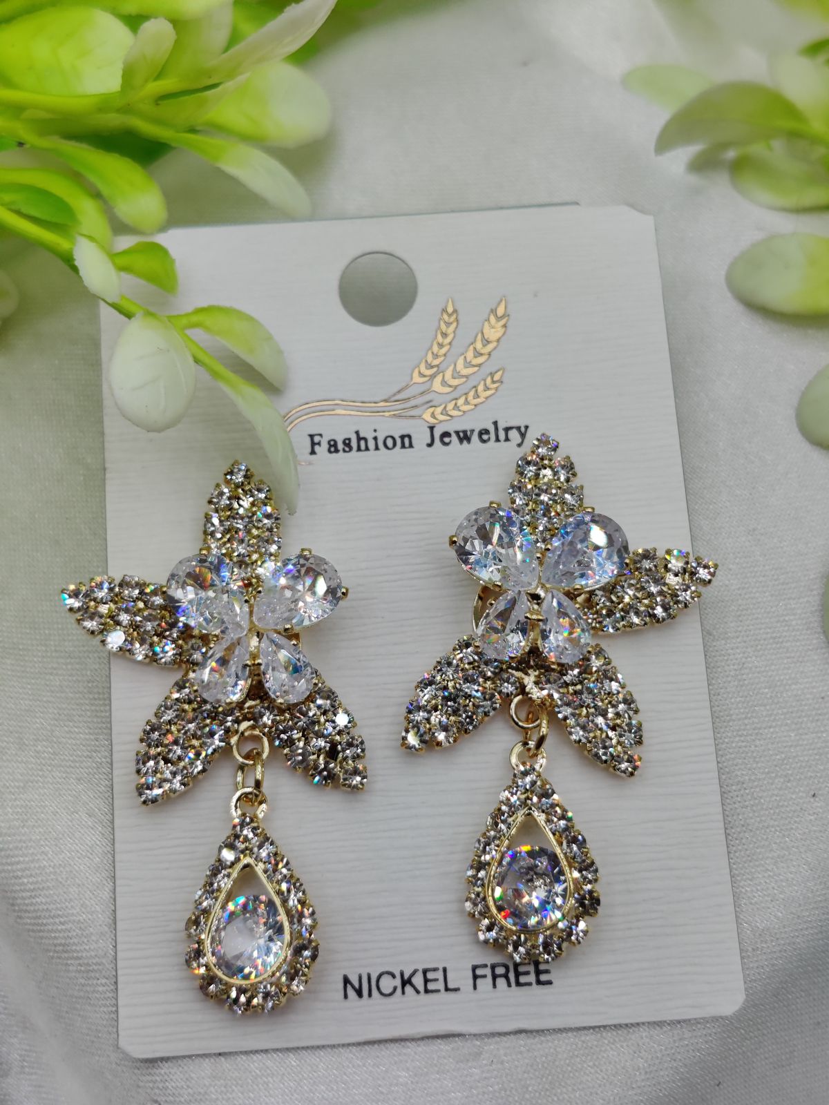 Imported Stunning Crystal Floral Earrings with Teardrop Accent